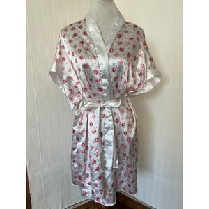 Vintage Pollinaise Womens White Rose Kimono Robe Size XL Cottage Bridal Romantic
